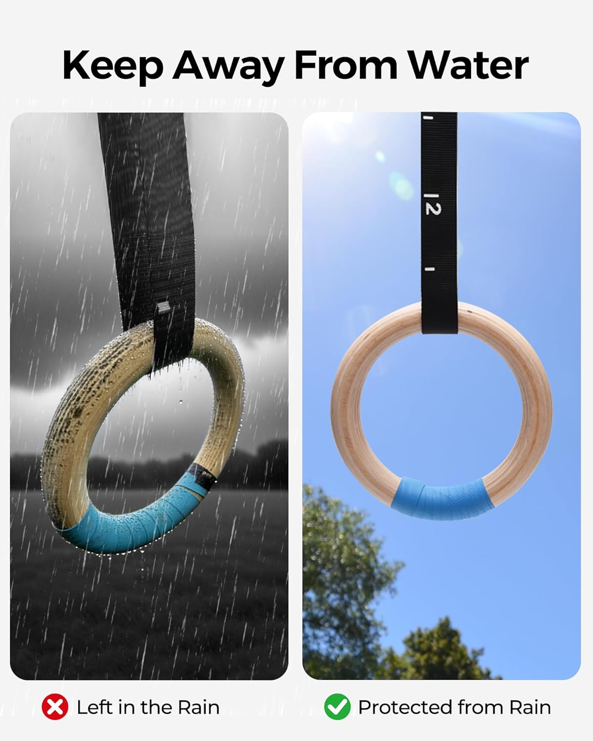 Wooden Gymnastics Rings – 1500lb Heavy-Duty Exercise Rings with Adjustable Cam Buckle Straps – Non-Slip Training Rings - PuriLite