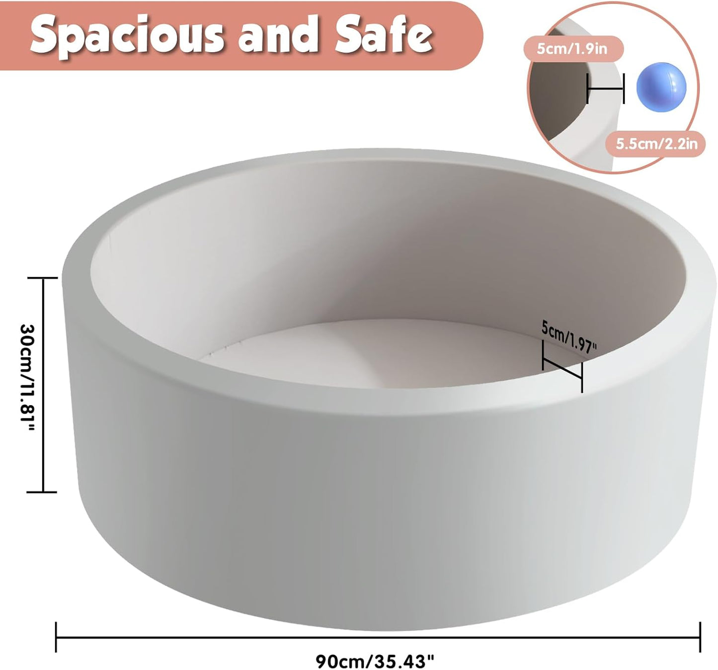 35.4" x 11.8" Foam Ball Pit for Toddlers, Baby Round Ball Pits for Babies 1 Years Up, Soft Kids Balls Pool Ideal Gift for Boys and Girls, Balls Not Included, Grey