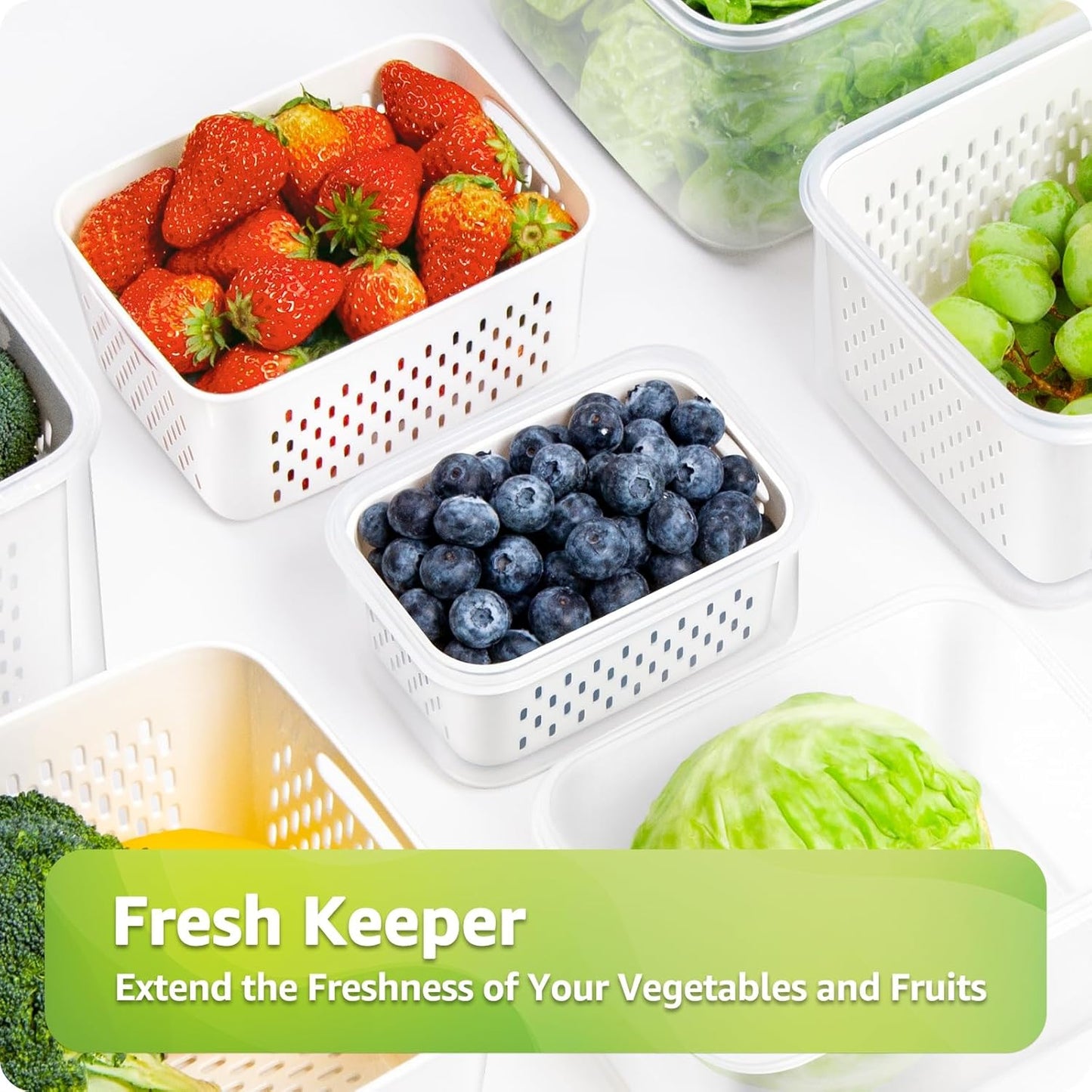 5-Pack Large Fruit Containers for Fridge, Leakproof Produce Storage Keeper with Removable Colander Food Grade BPA FREE Keep Vegetables Berry Veggies Lettuce Banana Meat Food Fresh Longer