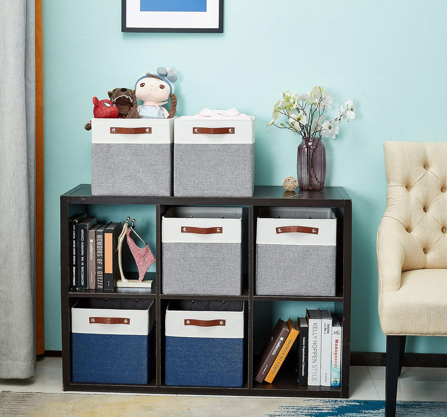 DECOMOMO Fabric Cube Storage Bin - Storage Baskets for Shelves, Kallax (Grey & White, 13 inch Cube) - 4 Pack