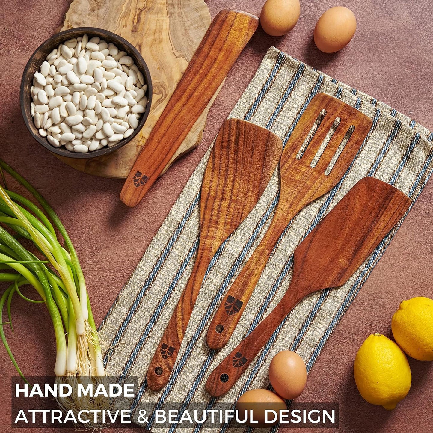 Wooden Spatula for Cooking, Kitchen Spatula Set of 4, Natural Teak Kitchen Utensils Including Paddle, Turner, Slotted Spurtle and Wood Scraper - Nonstick cookware