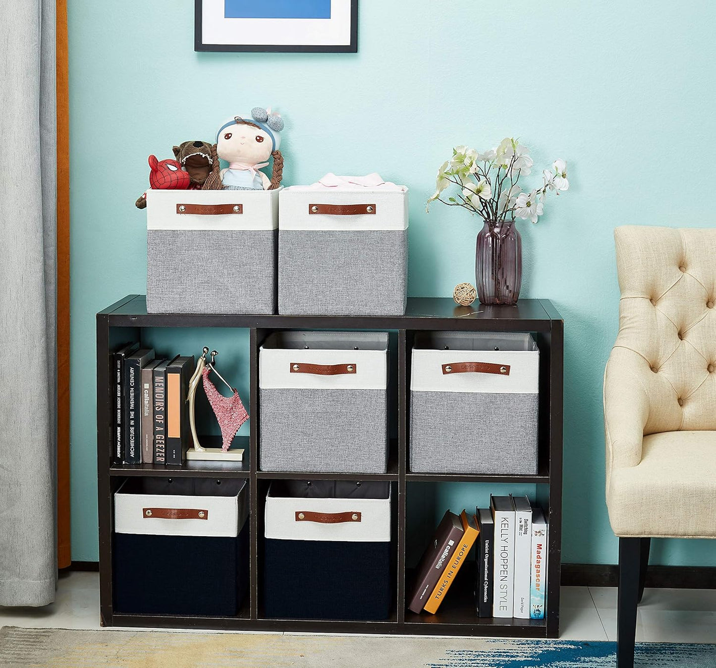 DECOMOMO Fabric Cube Storage Bin - Storage Baskets for Shelves, Kallax (Grey & White, 13 inch Cube) - 4 Pack