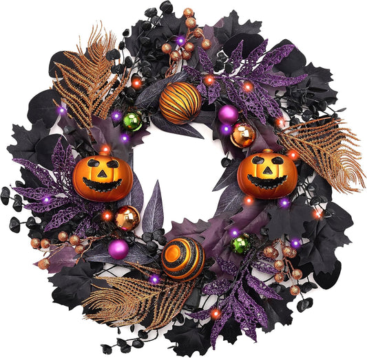 Valery Madelyn Halloween Wreath for Front Door with Lights, 18inch Pre-Lit Jack-o'-Lantern Pumpkin Wreath Halloween Decorations for Centerpiece Window Indoor Party Holiday Wall Home Decor