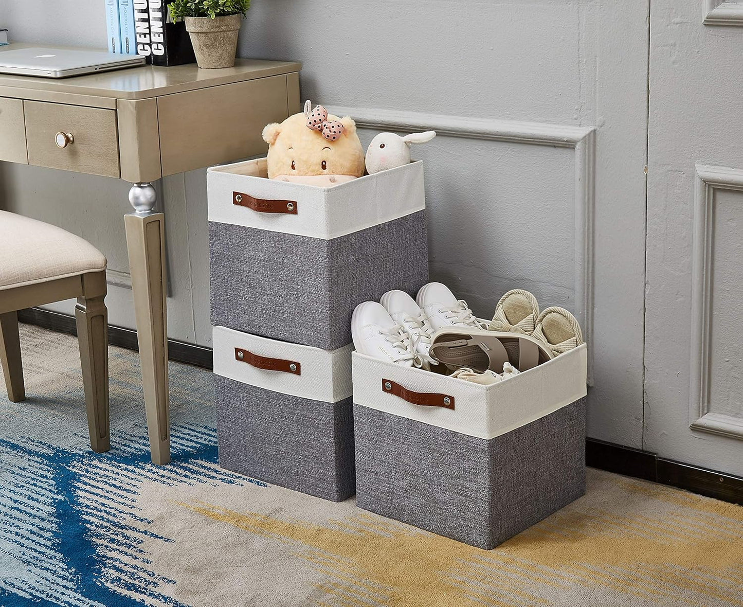 DECOMOMO Fabric Cube Storage Bin - Storage Baskets for Shelves, Kallax (Grey & White, 13 inch Cube) - 4 Pack