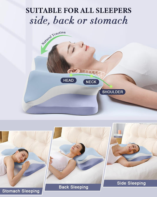 Cervical Memory Foam Pillow | Cooling Ergonomic Neck Support Pillow | Contour Orthopedic Bed Pillow with Anti-Pilling Pillowcase | Queen Size | Blue