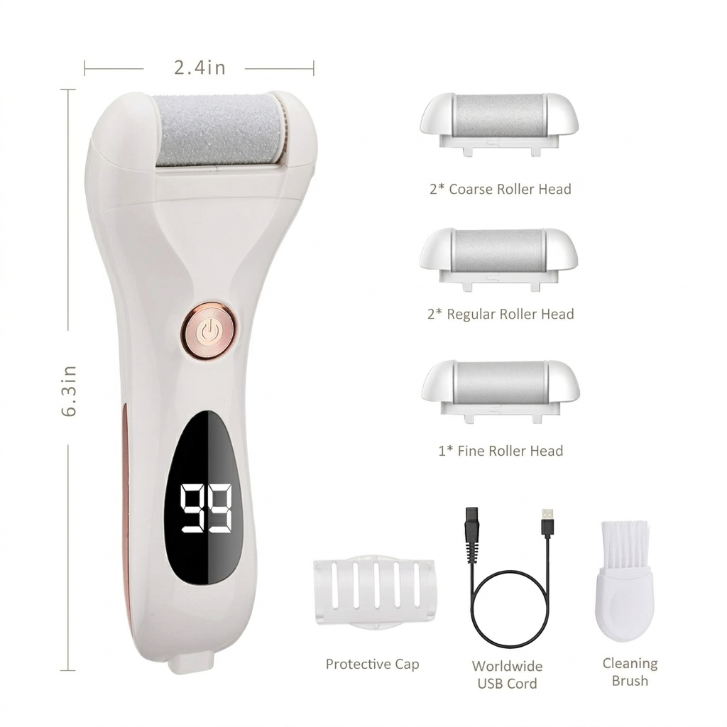 Electric Callus Remover for Feet with 5 Roller Heads, Rechargeable Waterproof Foot File Pedicure Kit for Cracked Heels and Dead Skin Removal - PuriLite