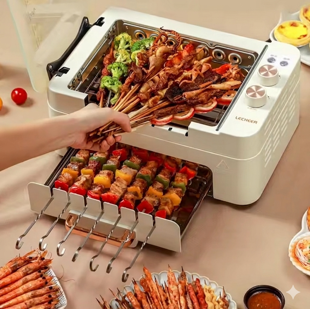 Purilite Select Automatic Rotating Skewers Electric Barbecue Grill, Smokeless Indoor BBQ Oven with Non-Stick Surface for Home Cooking - PuriLite