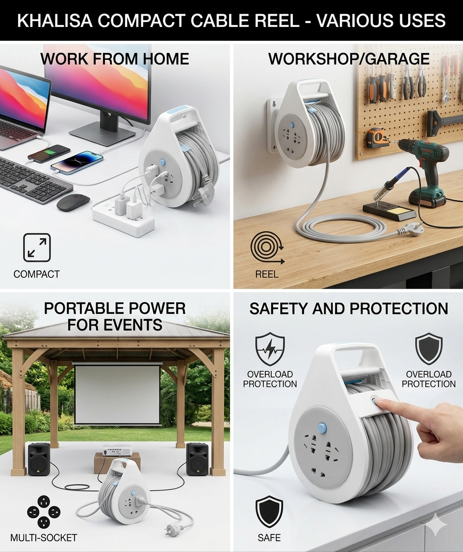 Purilite Select Mobile Wire Reel Cable Winding Shaft – Portable Empty Cable Reel for Cable Management, Durable Stainless Steel Wire Spool, 20m 30m 50m Capacity Engineering Power Strip Socket Organizer - PuriLite