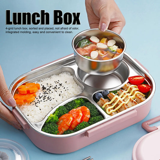 Food Storage Container Dinnerware Stainless Steel Lunch Box 4‑Grid Portable Bento Box Food Storage Container for Student Adult