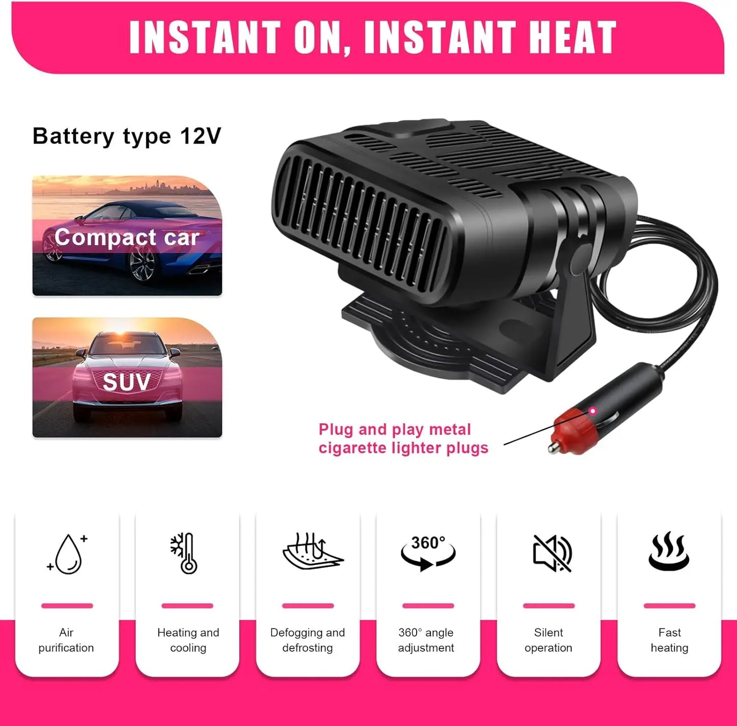 Purilite Select – Portable Car Heater and Windshield Defogger with 360° Rotating Base