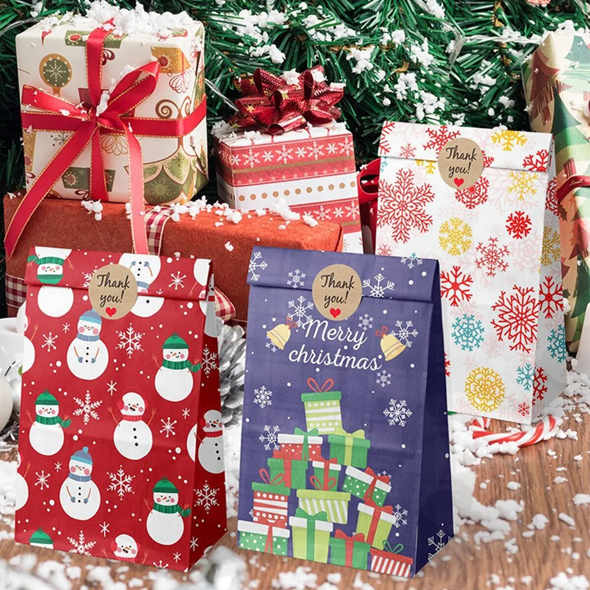 Purilite Select Kraft Paper Christmas Gift Bags – 8pcs/12pcs Santa Claus & Snowman Design | Eco-Friendly Holiday Candy & Cookie Bags