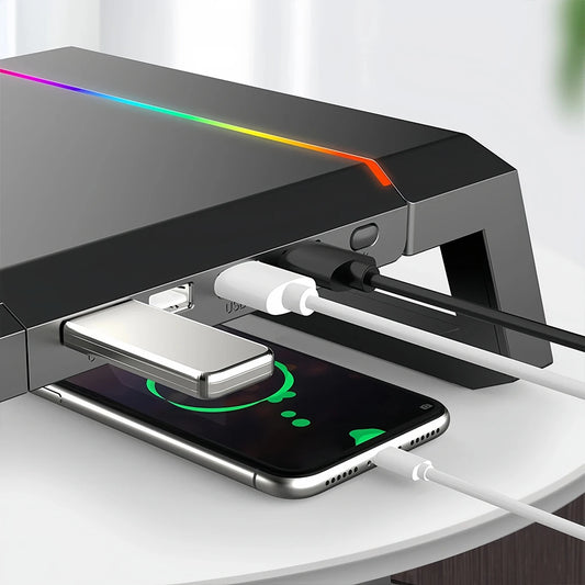 🔌 Purilite Select™ RGB Monitor Stand Riser with 4 USB Ports & Storage Drawer