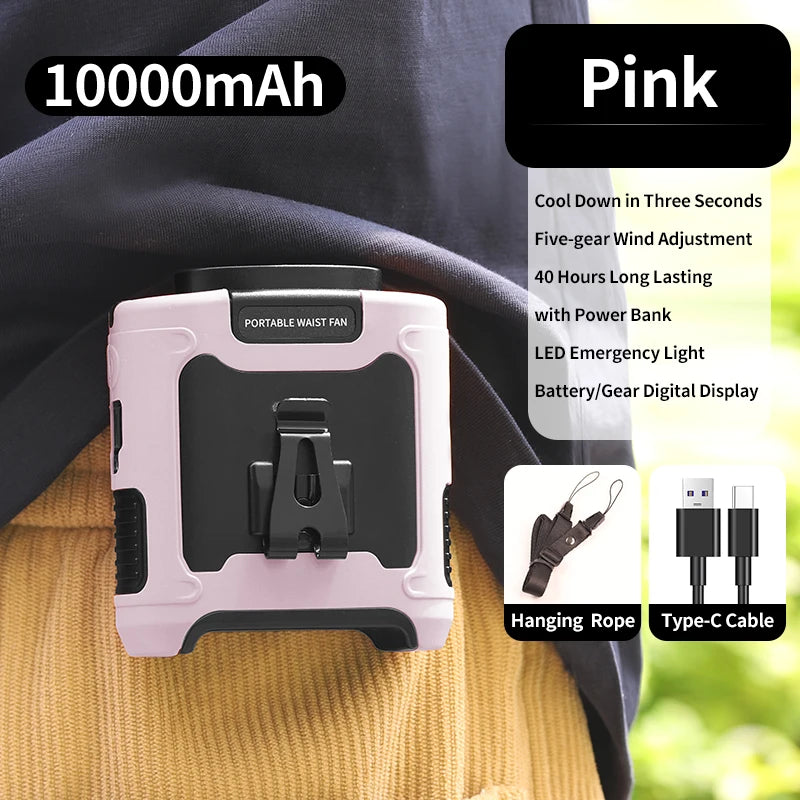 Purilite Select 20000mAh Outdoor Waist Fan – Neck & Waist Hanging Fan with Power Bank and LED Light