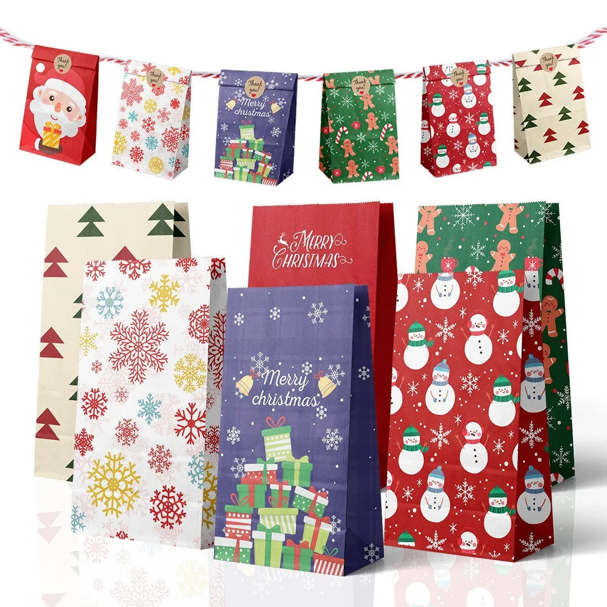Purilite Select Kraft Paper Christmas Gift Bags – 8pcs/12pcs Santa Claus & Snowman Design | Eco-Friendly Holiday Candy & Cookie Bags