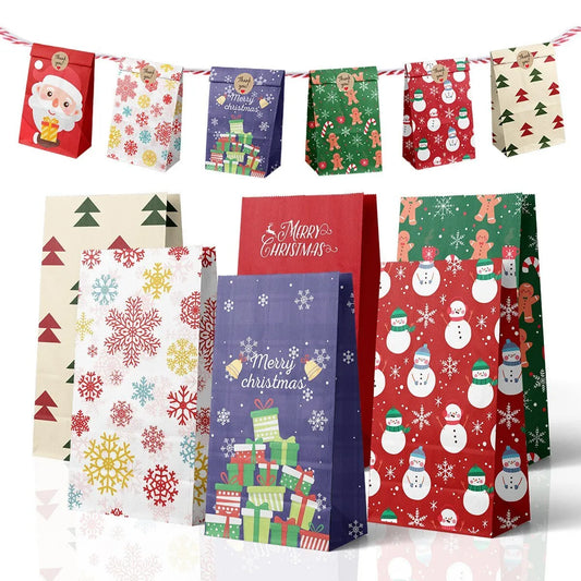 Purilite Select Kraft Paper Christmas Gift Bags – 8pcs/12pcs Santa Claus & Snowman Design | Eco-Friendly Holiday Candy & Cookie Bags - PuriLite
