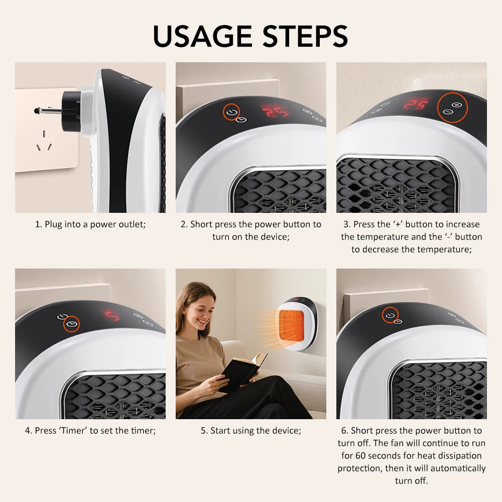 600W Portable Electric Heater EU Small Bathroom Fast Heating Fans Bedroom Heater Home Use Warming Device with Remote Control