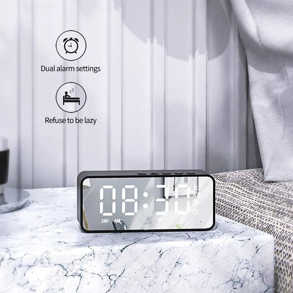 Purilite Select – LED Mirror Digital Alarm Clock with Bluetooth Speaker & FM Radio Multifunctional Desktop Clock | Wireless Audio | USB Rechargeable