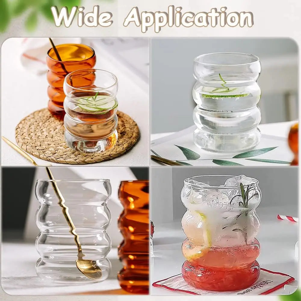 4pcs Creative Glass Cups Coffee Mug Clear Drinking Glasses Ribbed Glassware Cups With Straws Set Cocktail Fruit Glass Drinkware