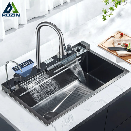 Purilite Select Multifunction Stainless Steel Kitchen Sink | Large Single Bowl Waterfall Sink with Pull-Out Faucet, Digital Display & 5-Function Water System