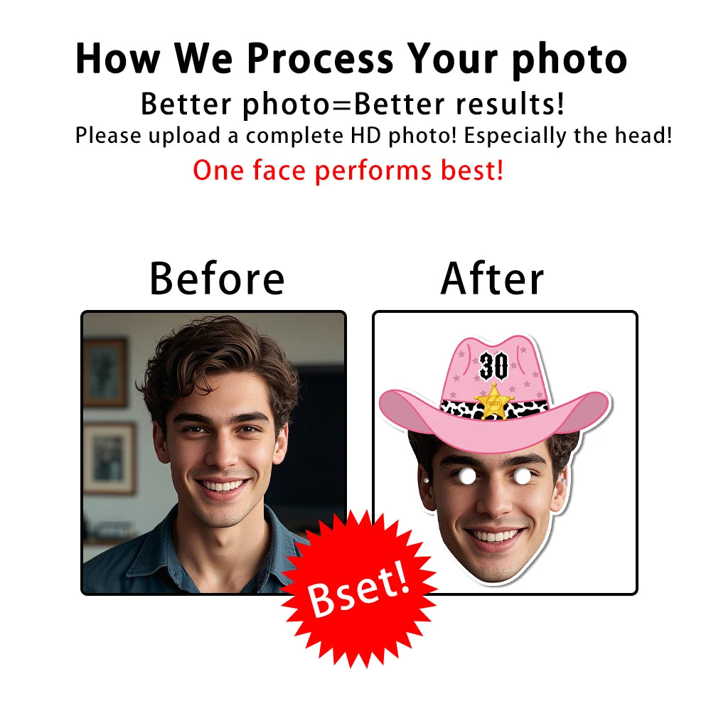 Purilite Select 3PCS Customized Face Mask Set Western Denim Cowboy Hat Style | Personalized Photo Masks for Parties & Events
