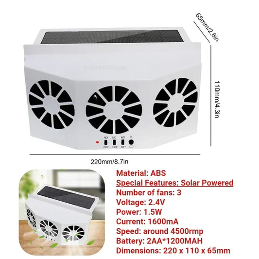 Purilite Select Solar Powered Car Exhaust Fan with Triple Head Air Circulation, USB Rechargeable Ventilation Cooling Fan for Vehicle Interior Heat Reduction - PuriLite