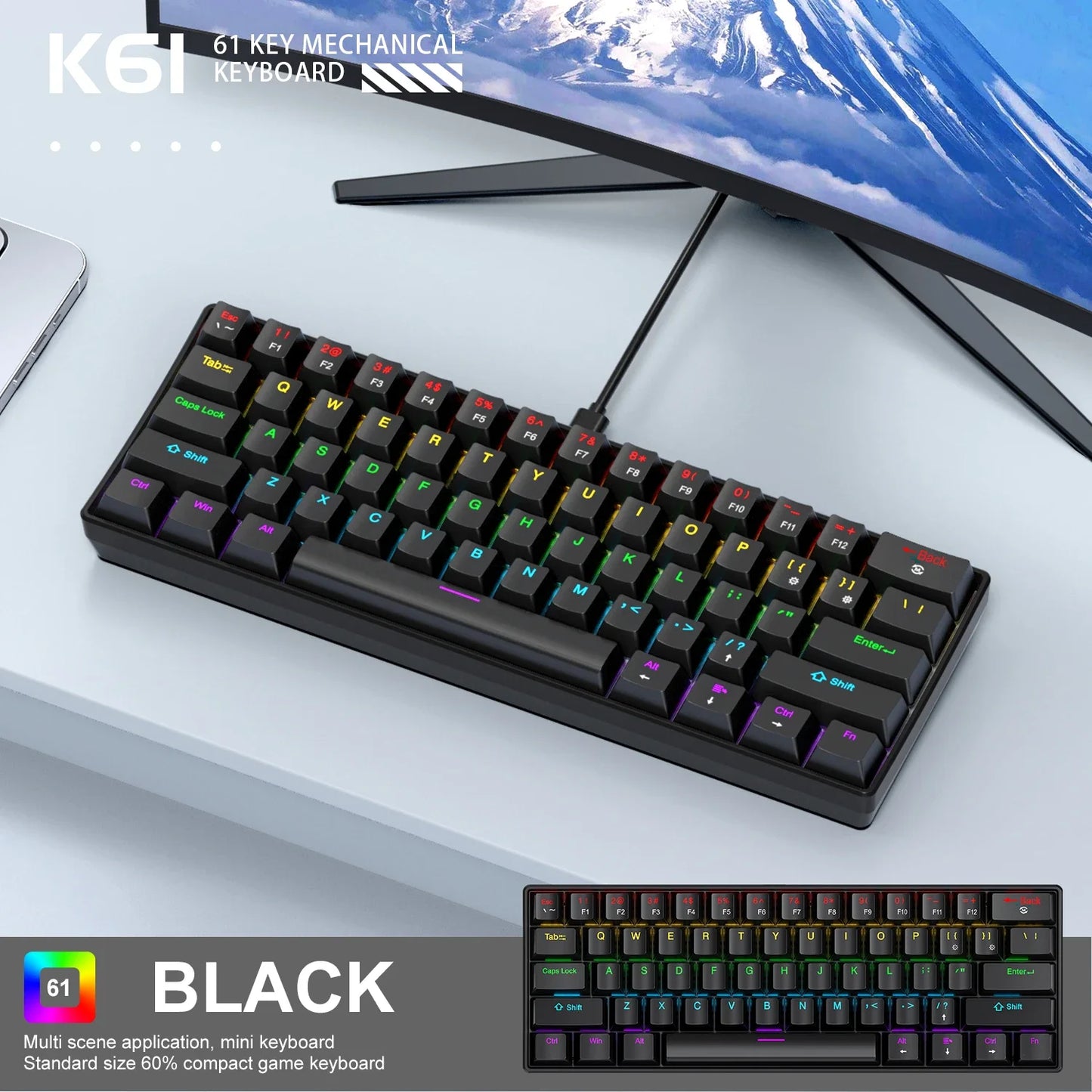 Purilite Select K61 Mini Wired Mechanical Keyboard – 60% Layout, RGB Backlit, Hot-Swappable