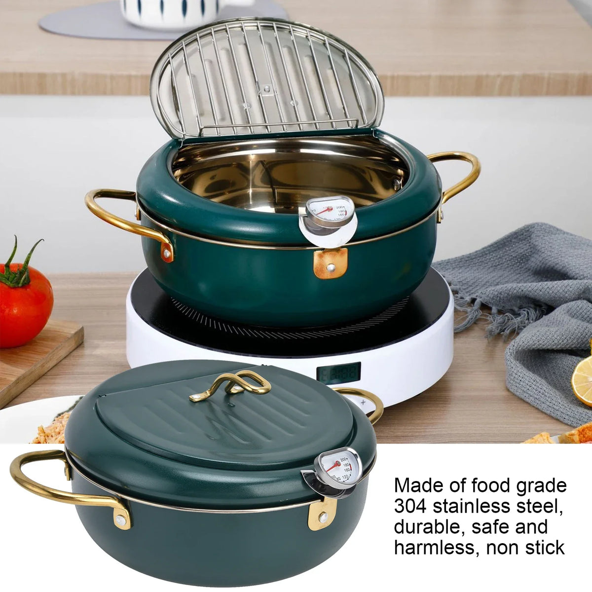 304 Stainless Steel Frying Pot Temperature Controllable Mini Cooking Fryer with Thermometer for Kitchen - PuriLite