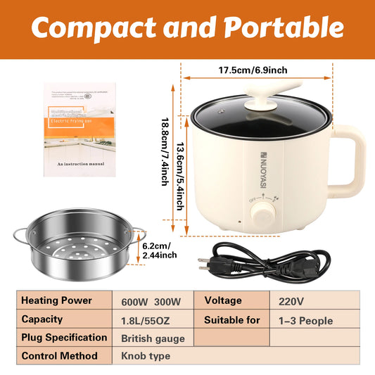 Mini Electric Hot Pot 220V 1.8L UK Round Stock Pot Nonstick Shabu Pot Travel Portable Ramen Cooker College Dorm Room Essentials - PuriLite