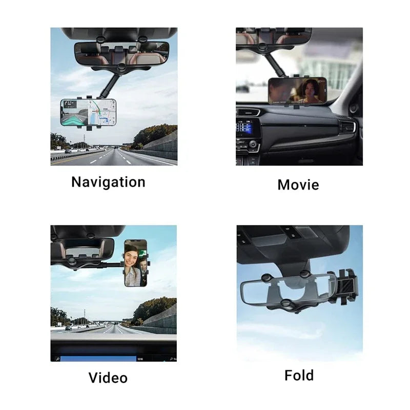 Purilite Select 360° Car Rearview Mirror Phone Holder – Adjustable Telescopic Vehicle Mount for Navigation, Hands-Free Viewing and GPS Support