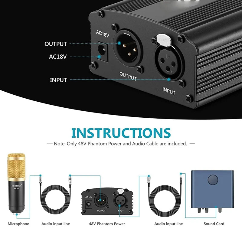 Purilite Select | 48V Phantom Power Supply with Adapter + XLR 3-Pin Microphone Cable | For Any Condenser Microphone | Recording Equipment