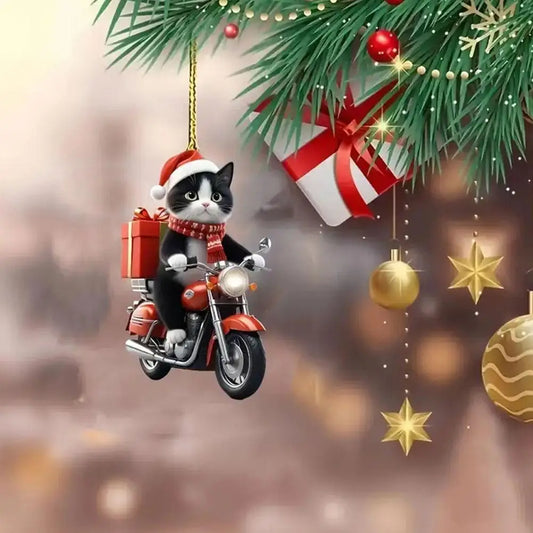Purilite Select Motorcycle Cat Acrylic Hanging Ornament – Cute 2D Flat Kitten Pendant for Car, Christmas Tree & Home Décor