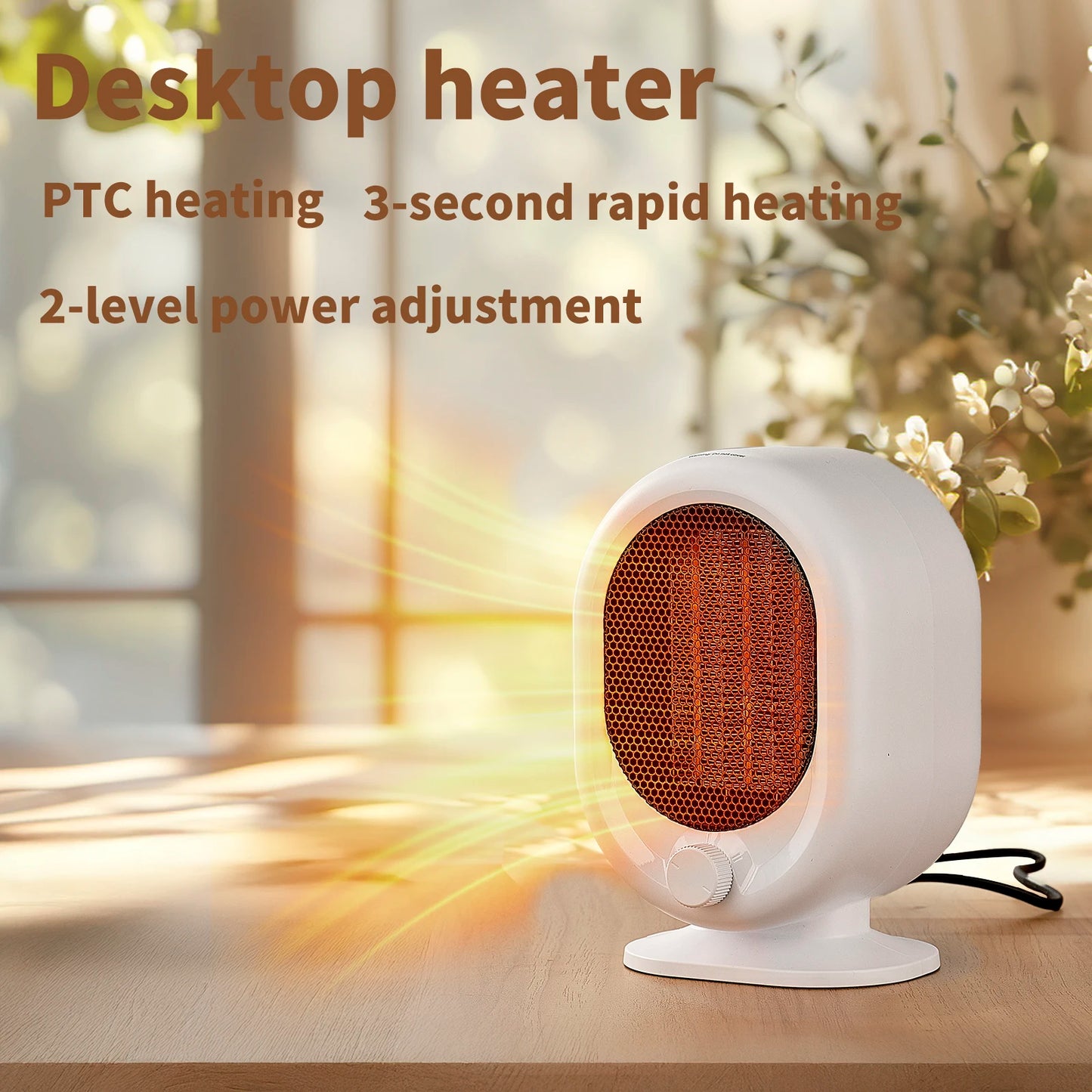 Desktop heater 3-second hot tilt power-off protection, silent timed home bedroom office mini heater