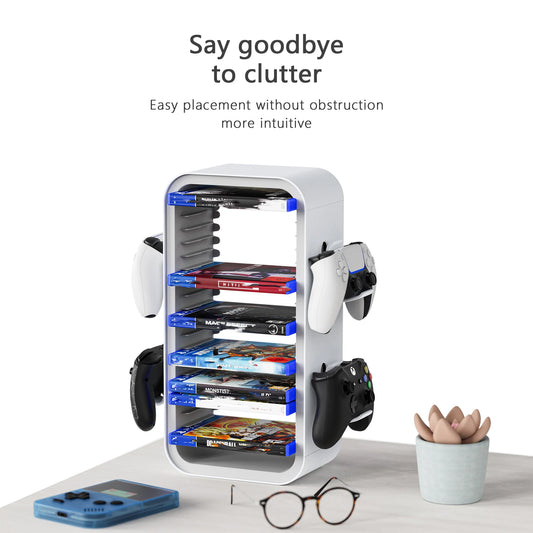 Purilite Select Universal Game Storage Tower – Video Game Disc Organizer Stand for Console Games and Blu-Ray Storage Holds 18 Discs with Accessory Hooks - PuriLite