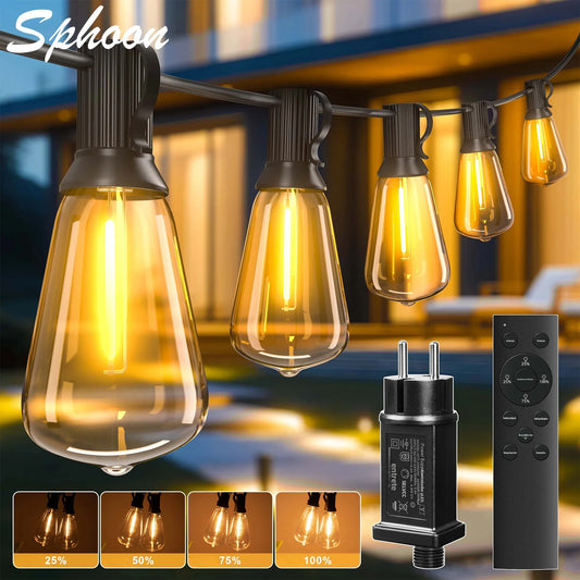 Purilite Select ST38 Outdoor String Lights with Remote Control, Dimmable Warm White 2700K Patio Garden Decorative Lights