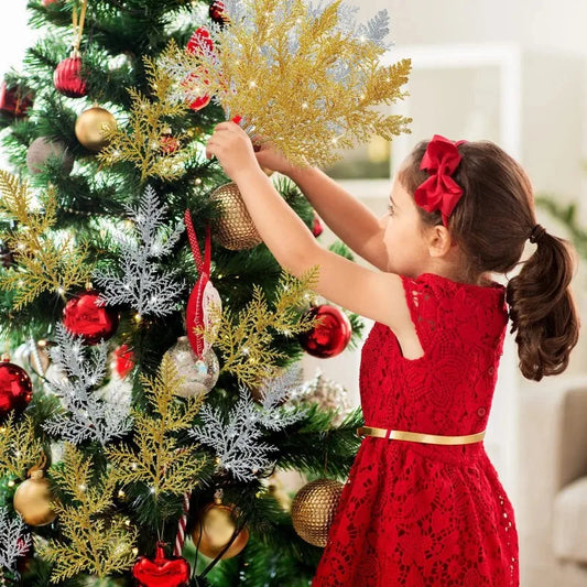 Purilite Select 5Pcs Glitter Artificial Pine Branches – Christmas Gold Leaves Ornament Set | Sparkling Xmas Tree & Home Decoration