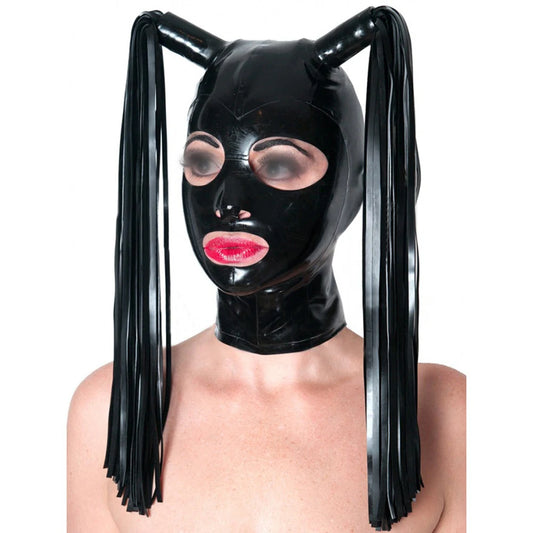 Purilite Select Black Latex Hood with Double Ponytail Wigs Zippered Rubber Mask for Cosplay & Party Wear