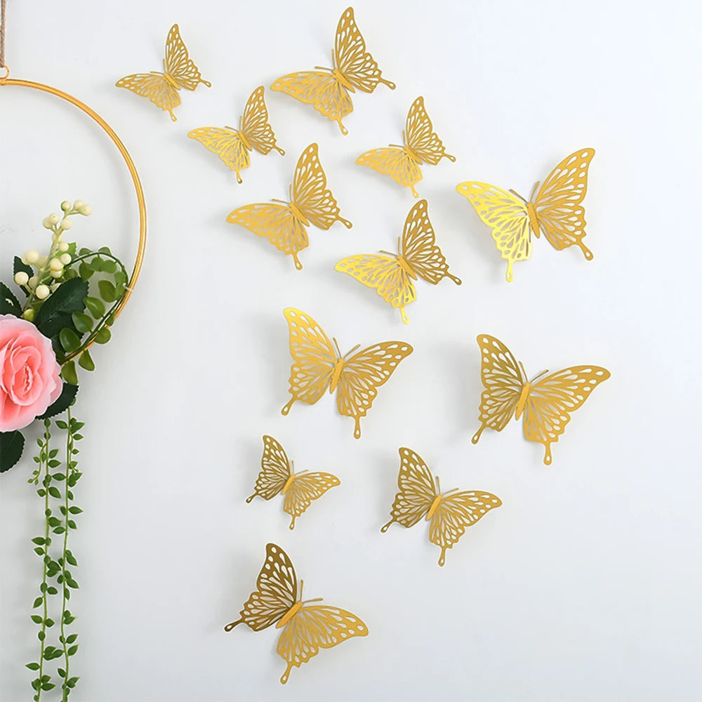 Purilite Select 12-Piece Gold Hollow Butterfly Wall Sticker Set – 3D Decorative Butterflies for Home, Wedding, and Garden Décor