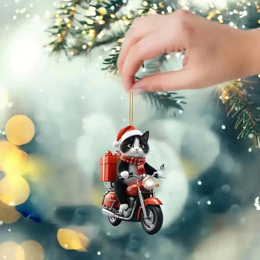 Purilite Select Motorcycle Cat Acrylic Hanging Ornament – Cute 2D Flat Kitten Pendant for Car, Christmas Tree & Home Décor
