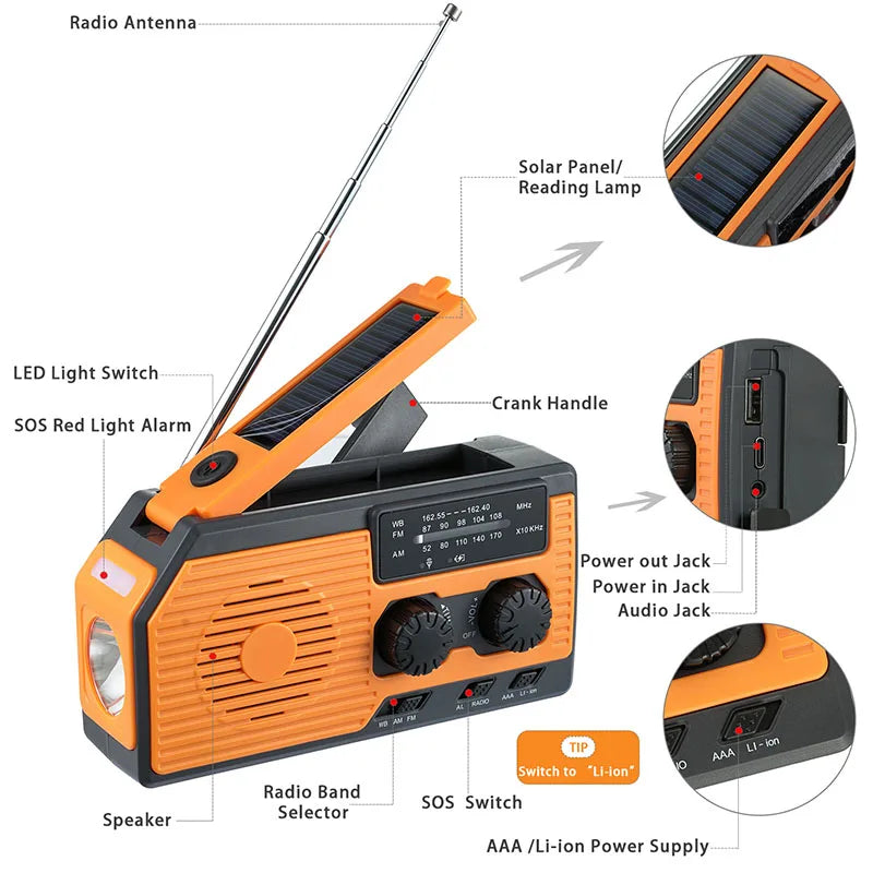 LOTOTG Portable Emergency Solar Power Radio Hand Crank Charging AM/FM Weather Radio Led Reading Flashlight Bank Phone Charger
