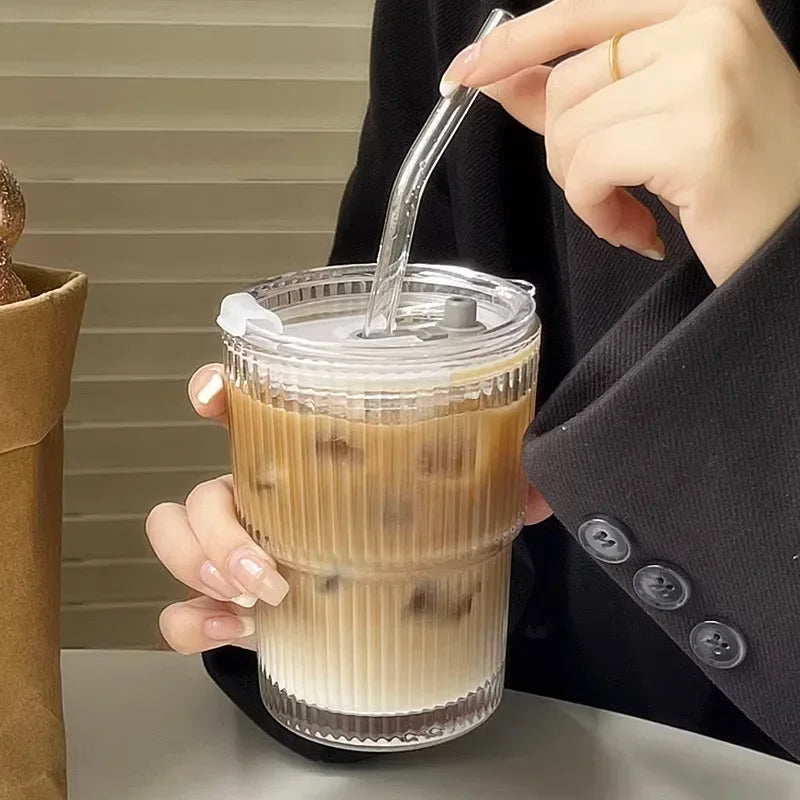 Purilite Select 600ml Stripe Glass Cup with Lid and Straw