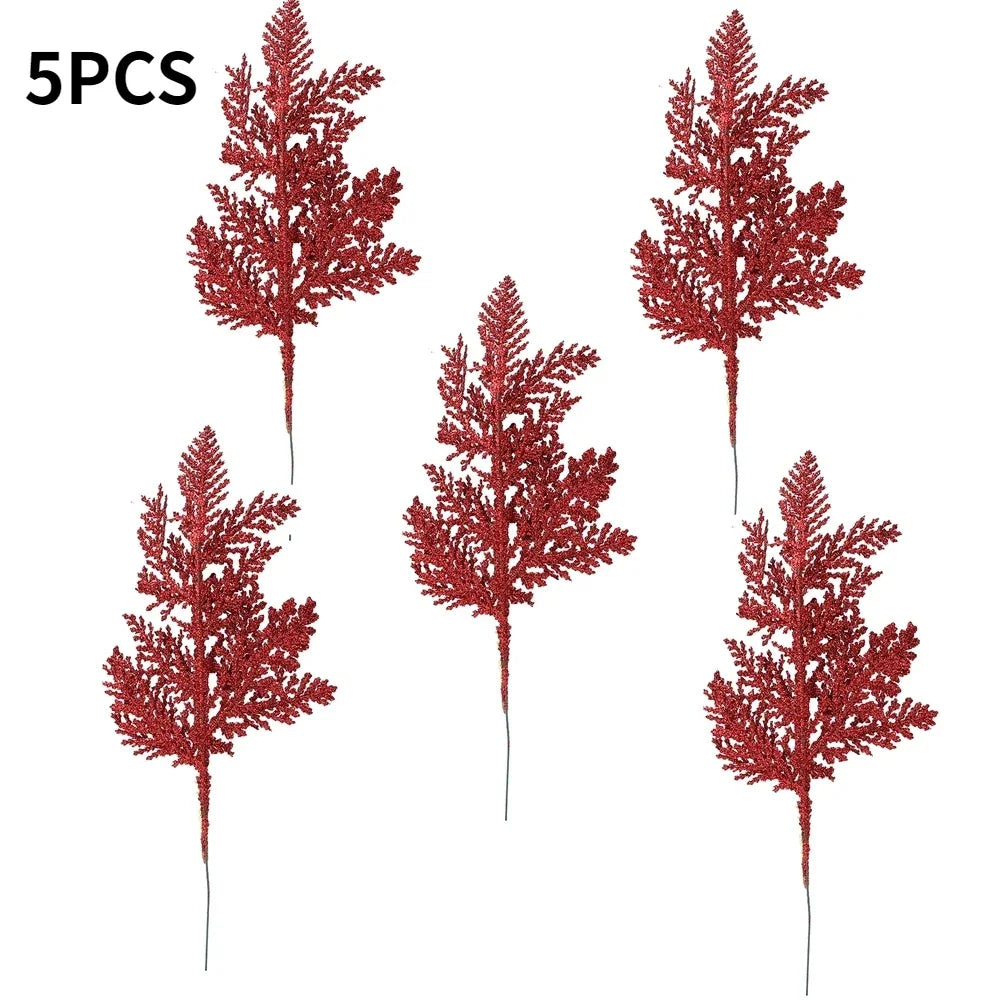 Purilite Select 5Pcs Glitter Artificial Pine Branches – Christmas Gold Leaves Ornament Set | Sparkling Xmas Tree & Home Decoration