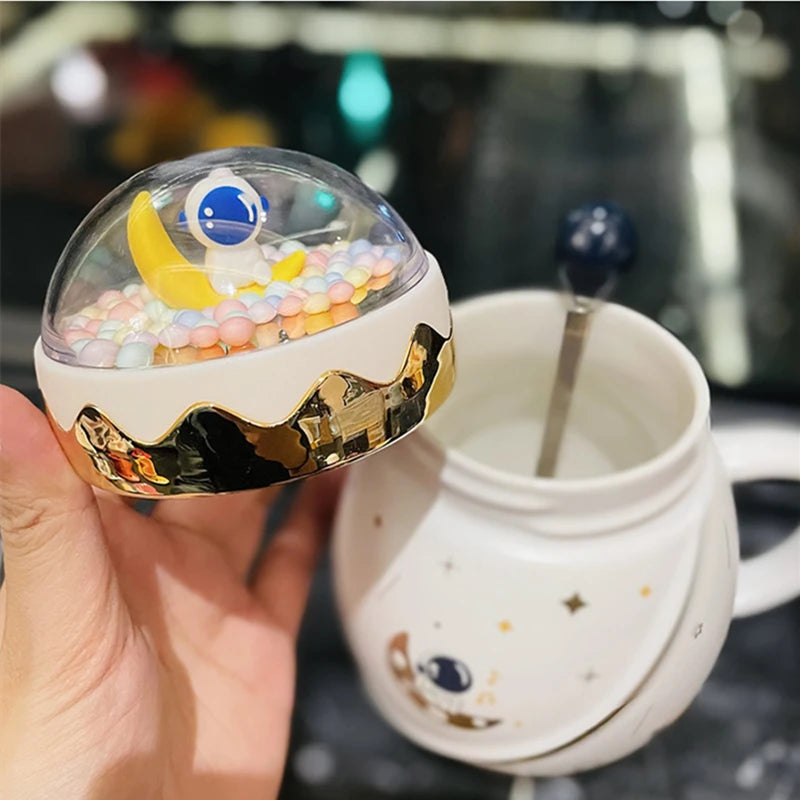 Astronaut Series Ceramic Mug with Lid Spoon Cute Business Gift Box Creative Ceramic Coffee Tea Cup Holiday Birthday Girls Gifts - PuriLite