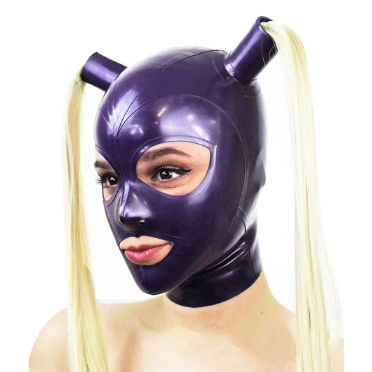Purilite Select Purple Latex Hood Mask with Blond Double Ponytail Unisex Costume for Cosplay, Party, and Clubwear