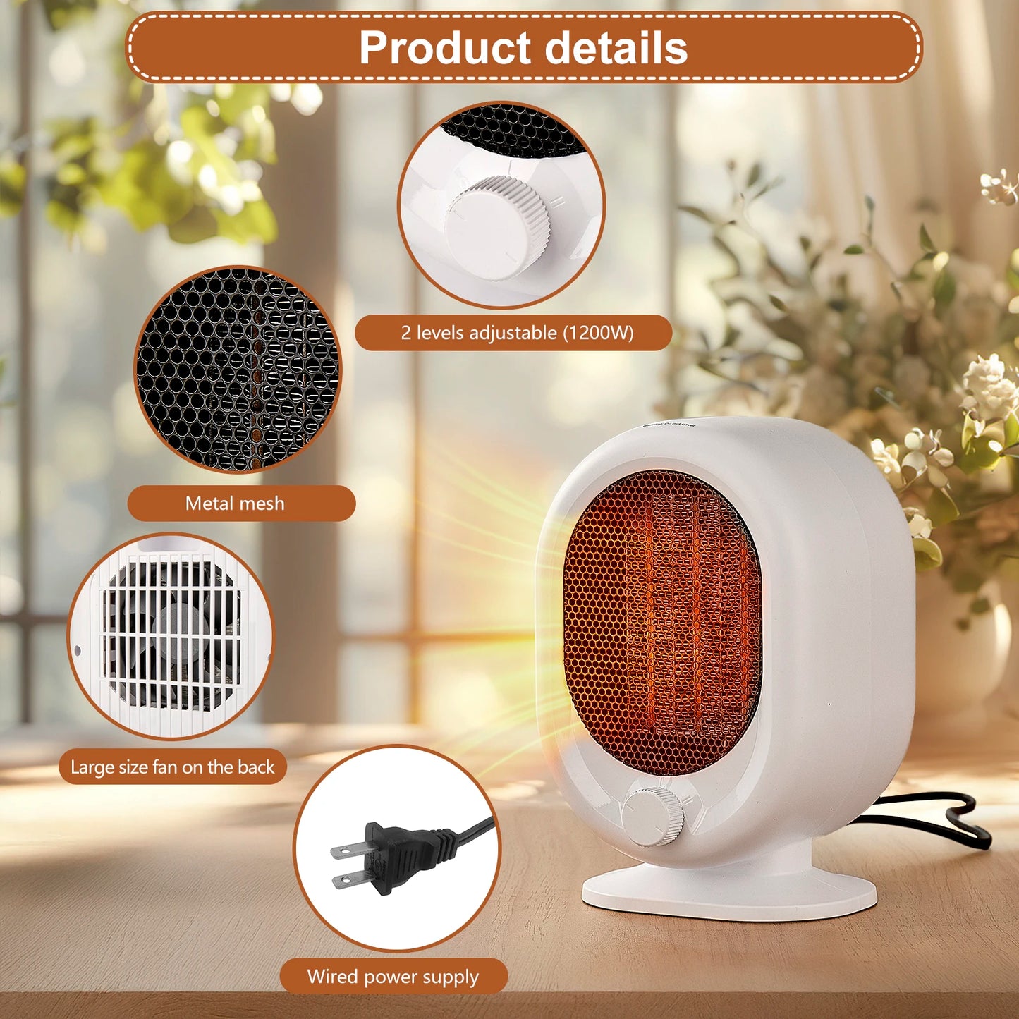 Desktop heater 3-second hot tilt power-off protection, silent timed home bedroom office mini heater