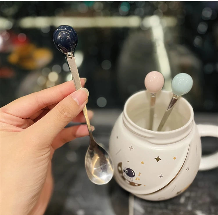 Astronaut Series Ceramic Mug with Lid Spoon Cute Business Gift Box Creative Ceramic Coffee Tea Cup Holiday Birthday Girls Gifts - PuriLite