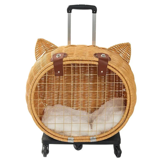 Breathable Cat Bag, Portable Pet Crate, Dog Tote Bag with Trolley, Handwoven Cat Cage, Lightweight Pet Luggage, Vintage Style - PuriLite