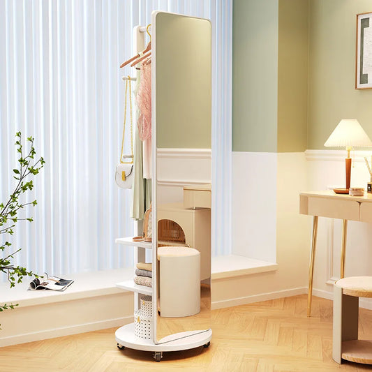 Purilite Select Full-Length Floor Mirror with Rotatable Solid Wood Frame, Integrated Storage Rack and Hanging Hanger for Bedroom and Dressing Area - PuriLite