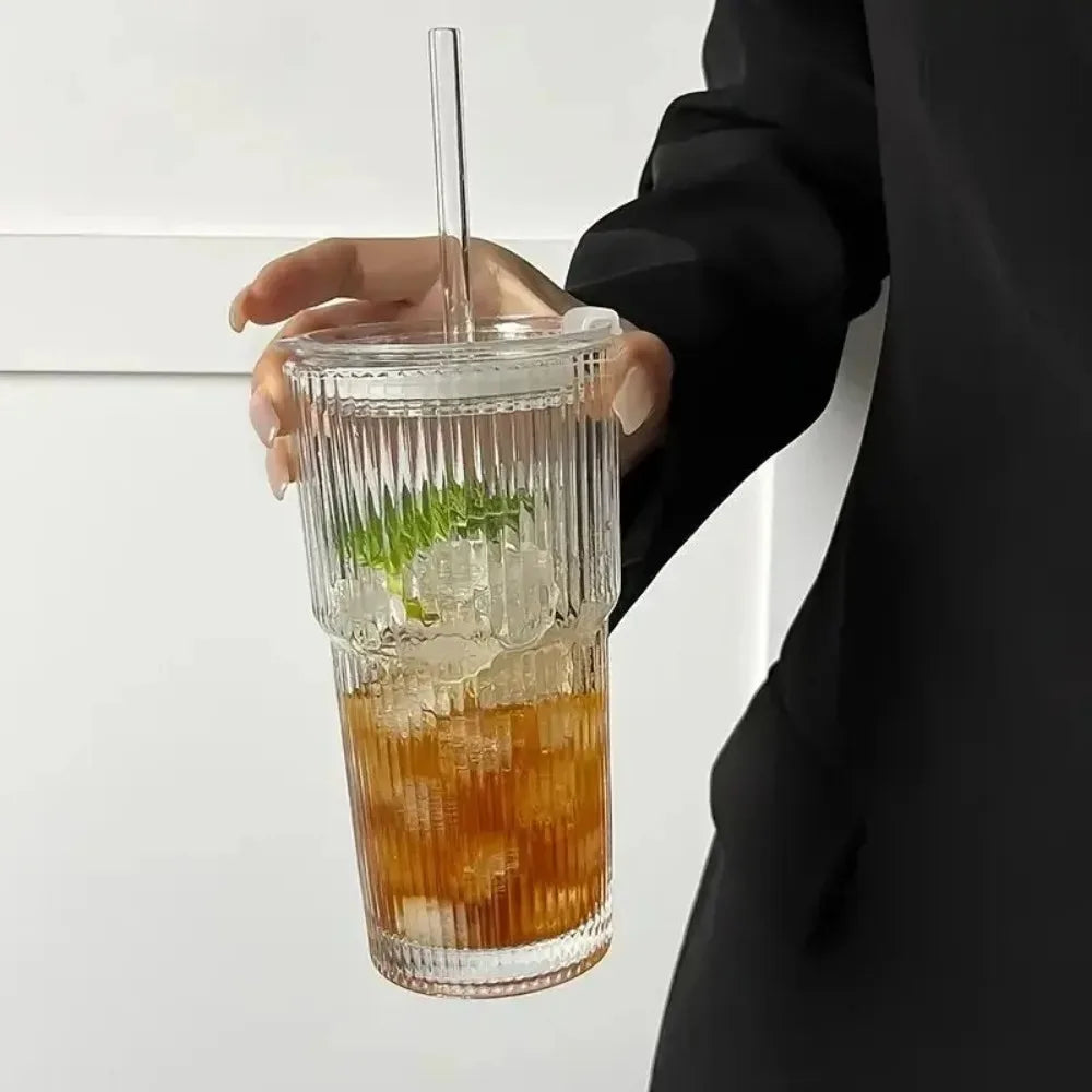 Purilite Select 600ml Stripe Glass Cup with Lid and Straw