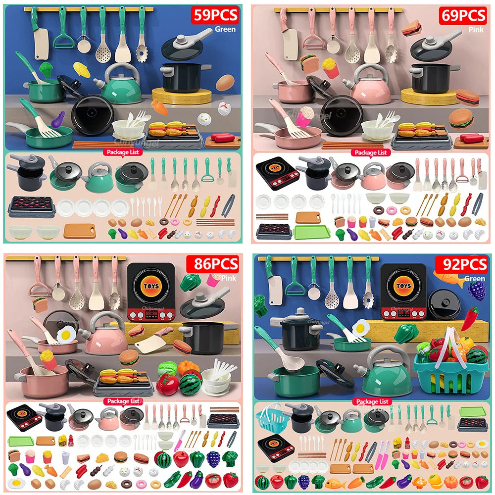 Kids Kitchen Toys Set 92/86/69/59PCS Play Kitchen Accessories Kit with Play Pots Pretend Food Cooking Toy Toddler Girls Boy Gift