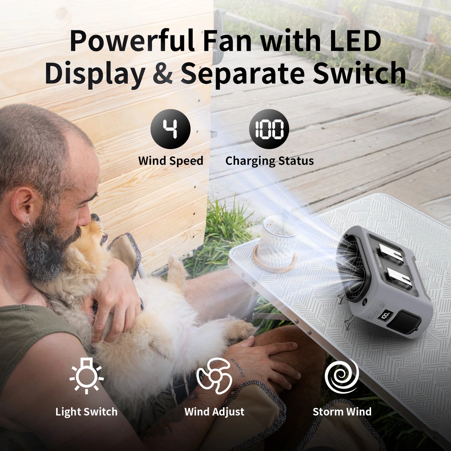 Socool 14500mAh Portable Waist Fan Dual Airflow Outlet Turbo Motors with Four Clips Emergency Flashlight Power Bank for Outdoor